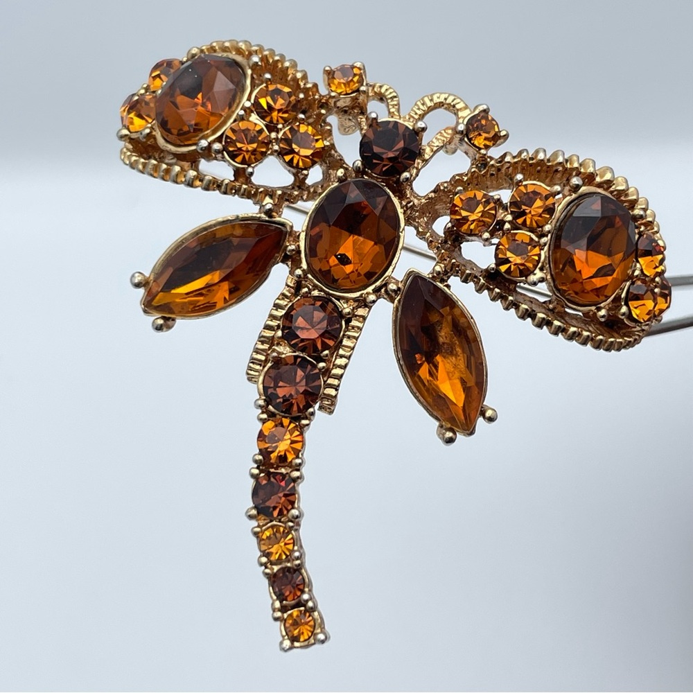 Vintage Gold Tone Dragonfly Brooch with Amber Topaz Rhinestones